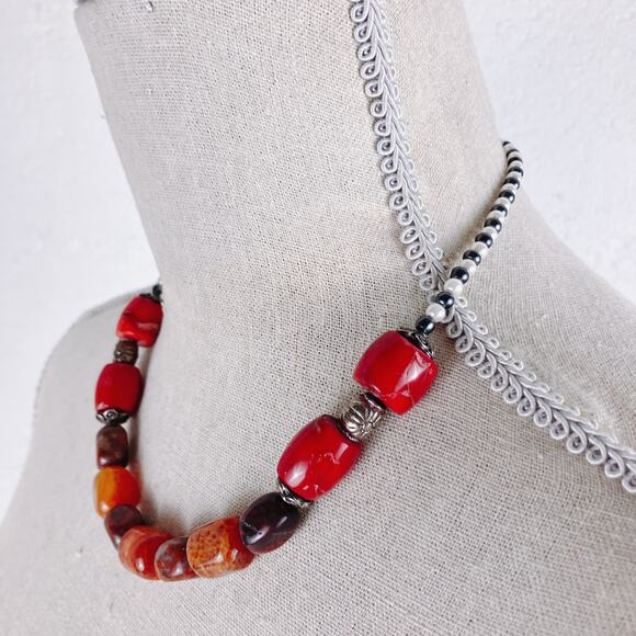 Fire Agate, Red Bamboo Coral Beaded Necklace Boho Tribal Semi-Precious Gemstones - Picture 6 of 11